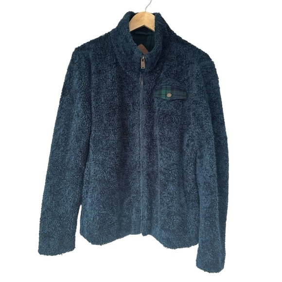 Pendleton Super Soft Sherpa Fleece Full Zip Jacket, Blue with Plaid Accent Large - Picture 1 of 14